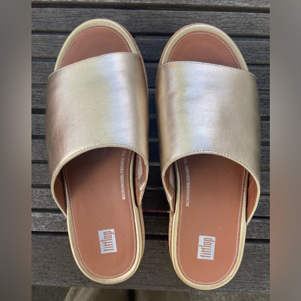 FitFlop Gold Slides, Sz 9